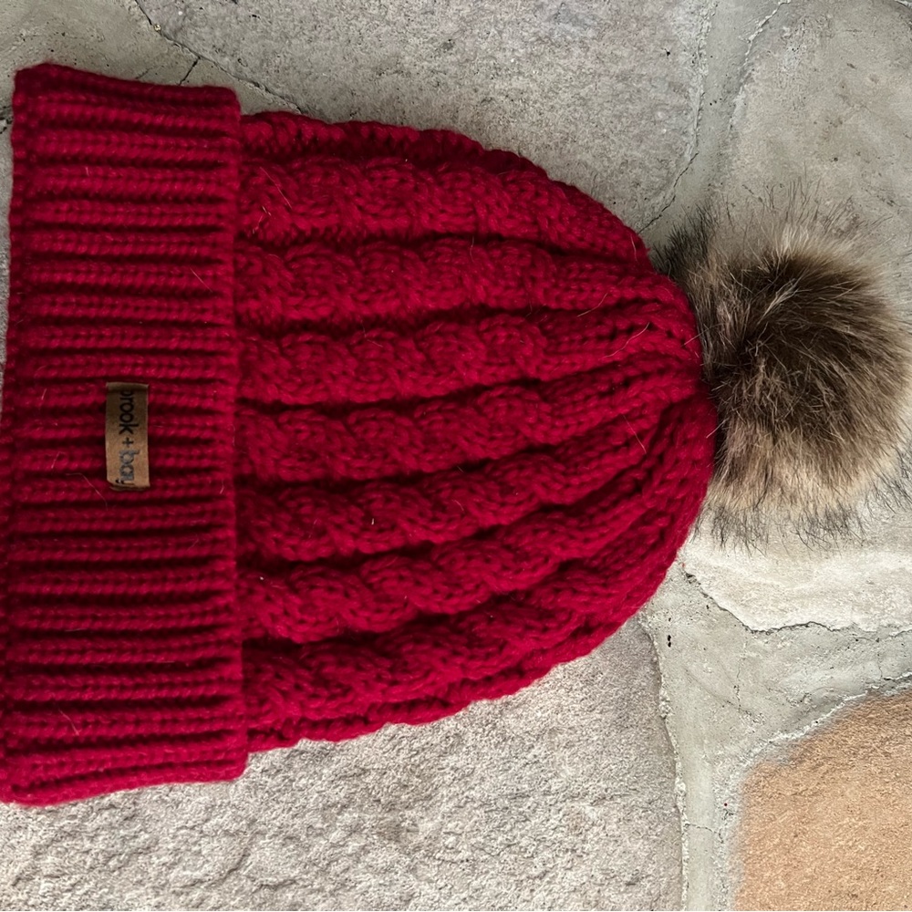 Cozy Red Cable Knit Beanie with Pom-Pom